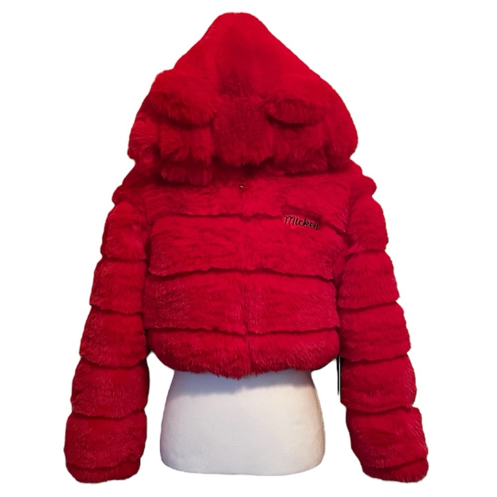 Forever 21 x Disney Mickey Mouse Faux Fur Cropped Red Hooded Puffer Jacket Small - Picture 4 of 16